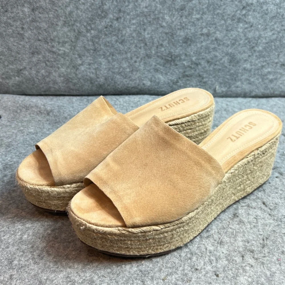 Schutz Tan Suede Espadrille Wedge Platform Sandals Mules Summer 8 Made In Brazil